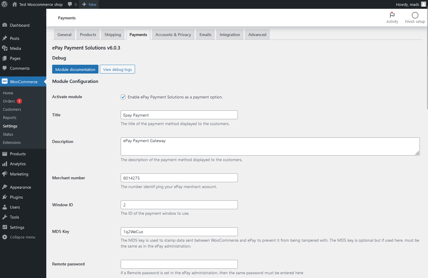 Find WooCommerce in the menu, and choose Settings.